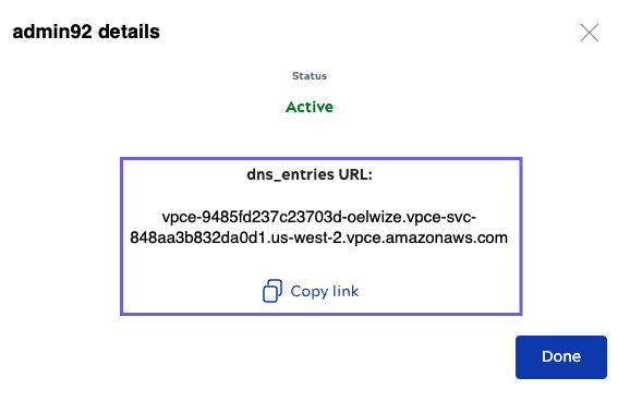 Modal showing dns_entries URL to copy
