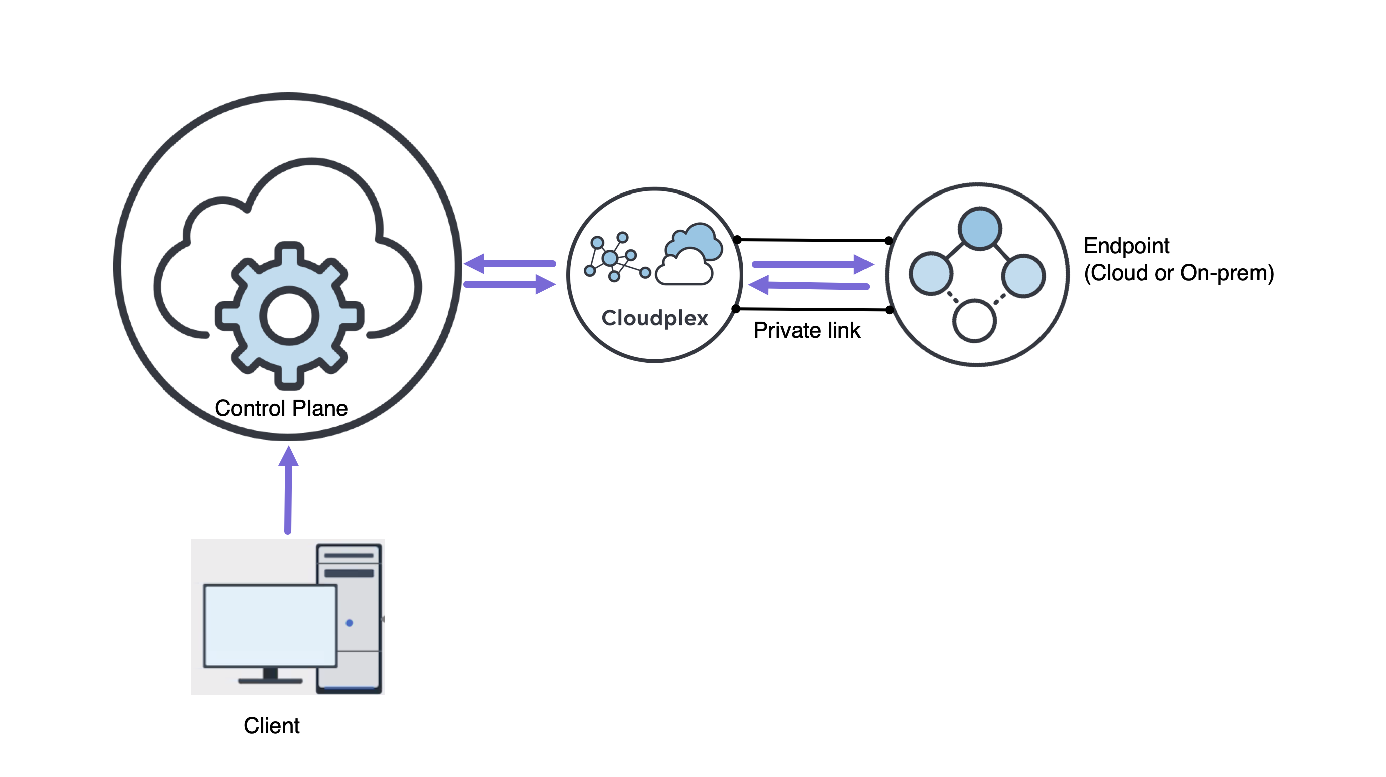 This diagram shows the client contacting the Control plane, communicating with the Cloudplex, which communicates with an endpoint over a private link.