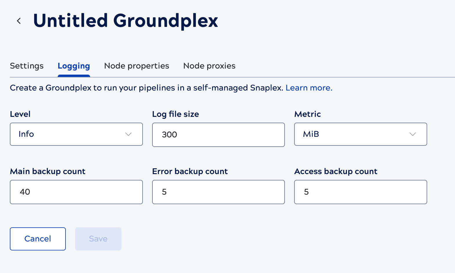 Logging tab of the Add Snaplex page