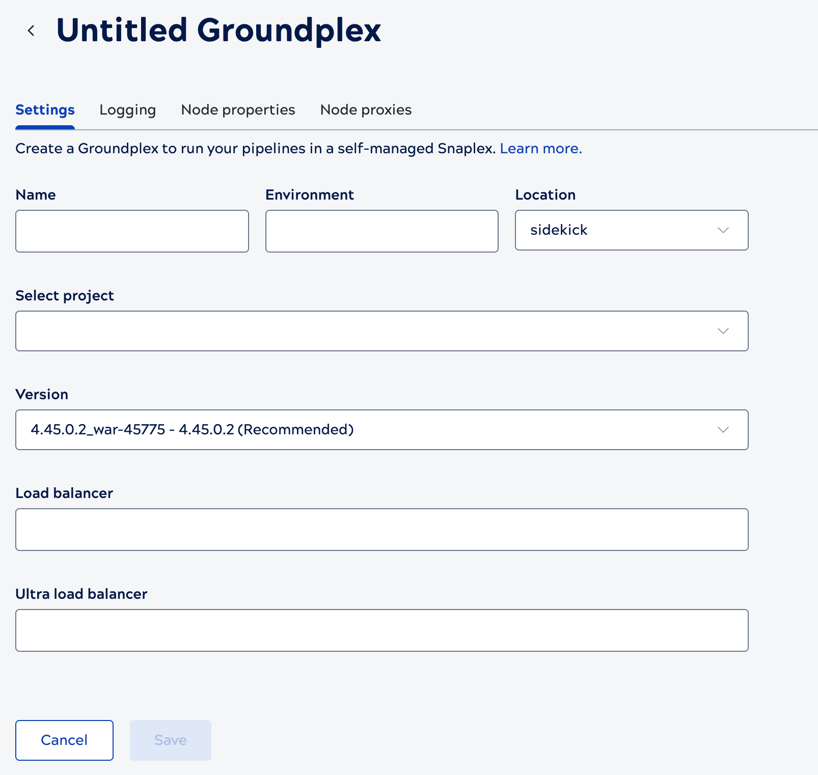 Settings tab of the Add Snaplex page