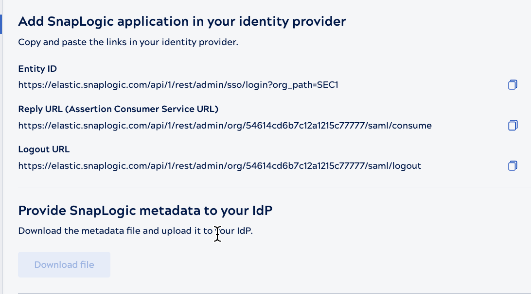 Configure SSO page showing service provider information options