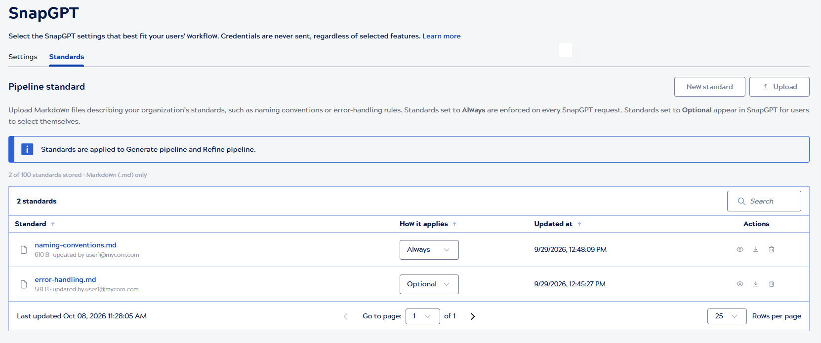 Pipeline standard tab in SnapGPT settings
