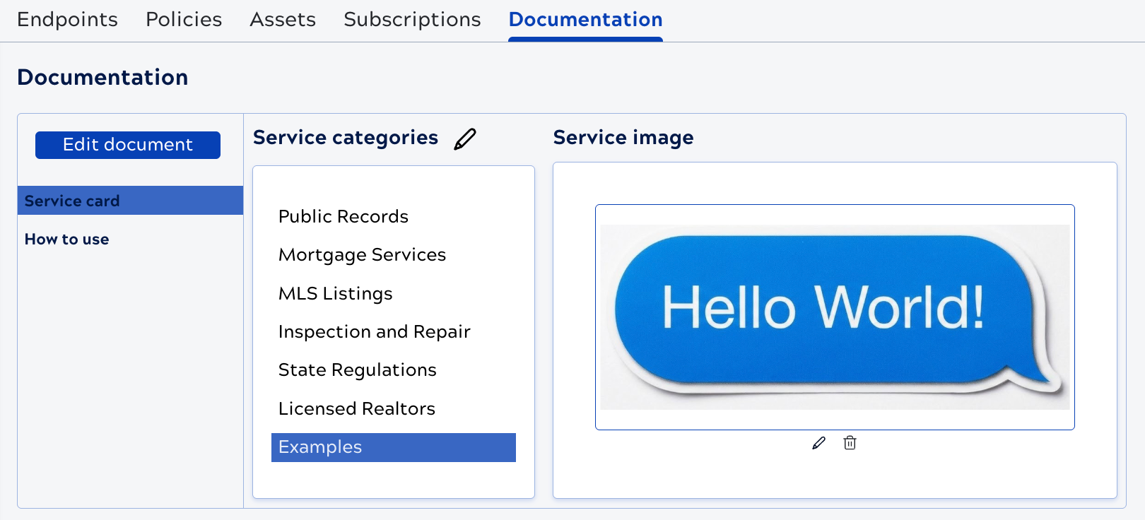 Documentation tab showing Service card and Service categories