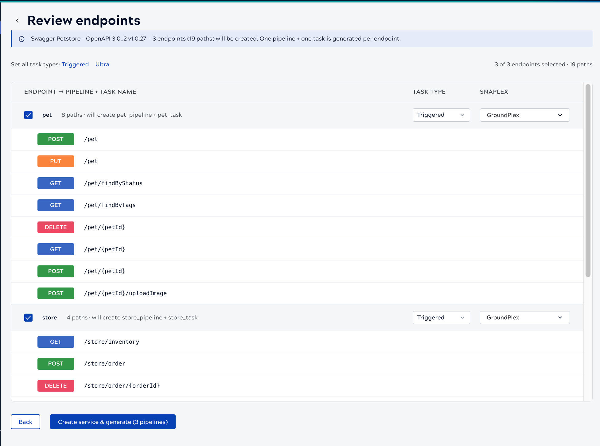 Review endpoints screen listing endpoints with their paths, task types, and Snaplexes