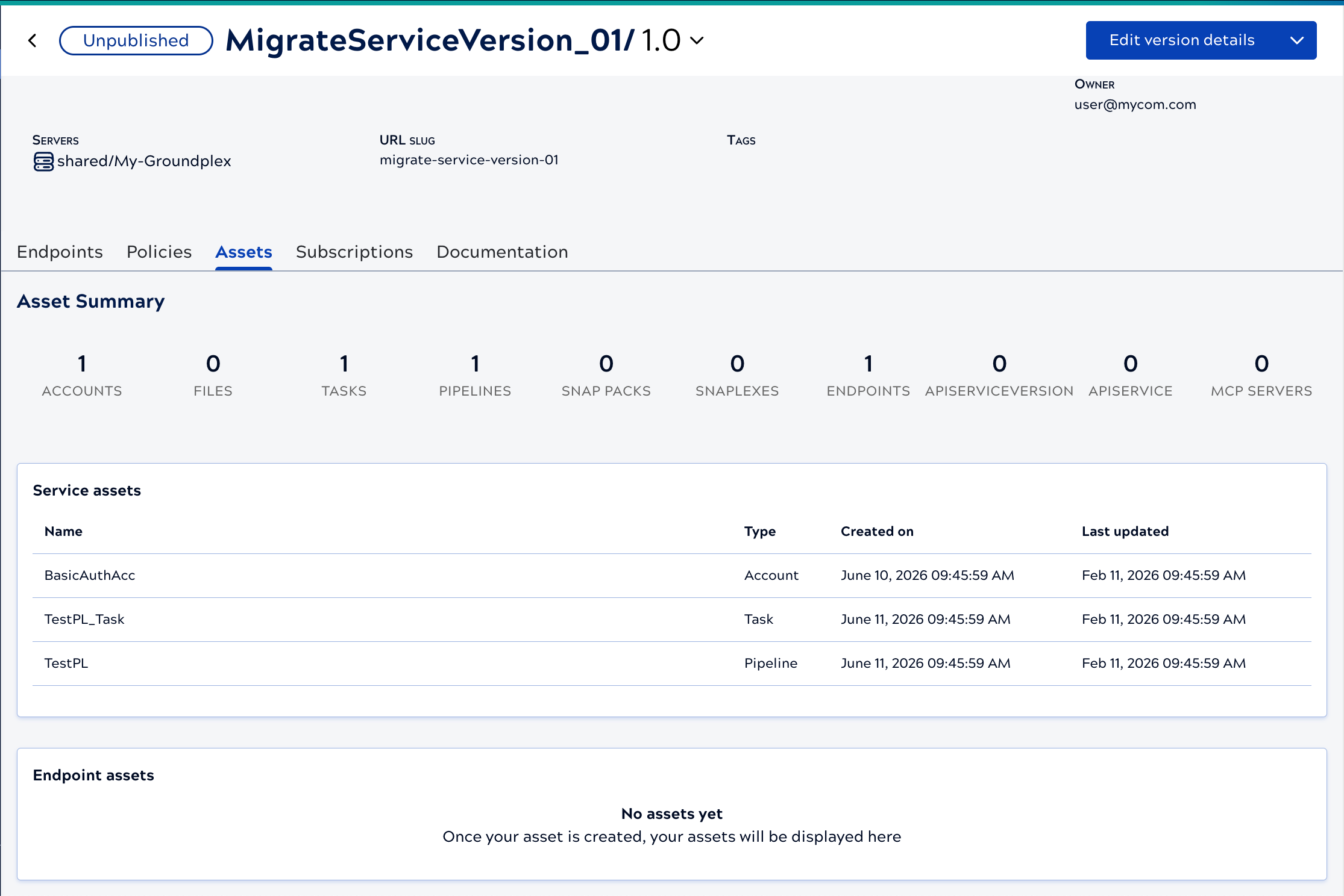 Service Assets tab