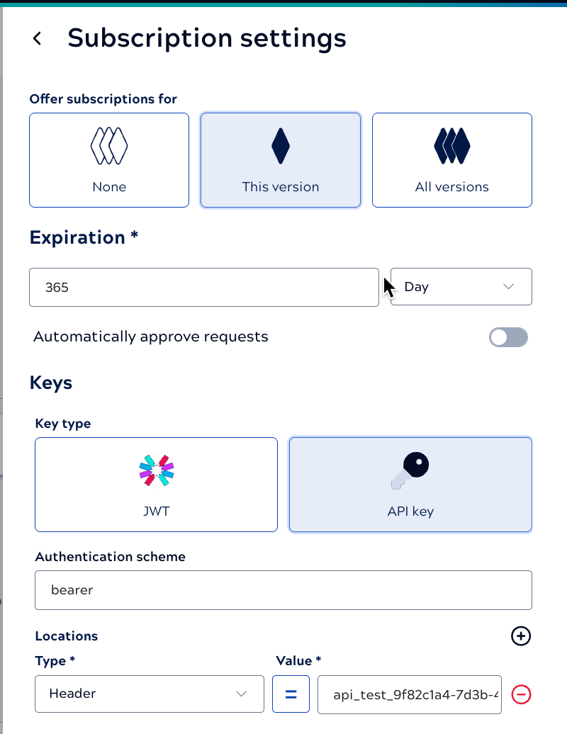 Example subscription settings for an API key