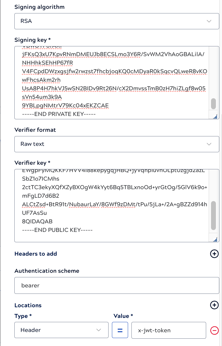Subscription key settings for a JWT