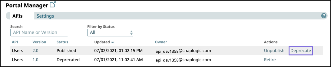 Portal Manager with Deprecate action