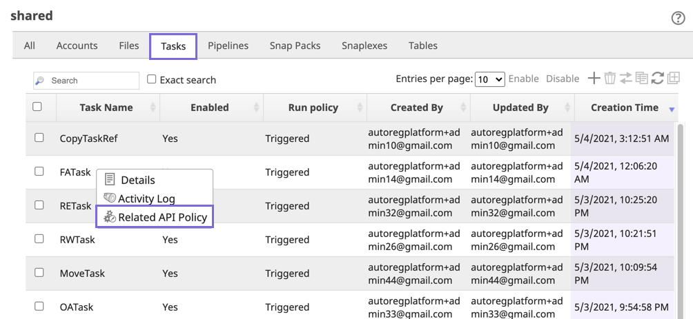 Related API Policy menu option
