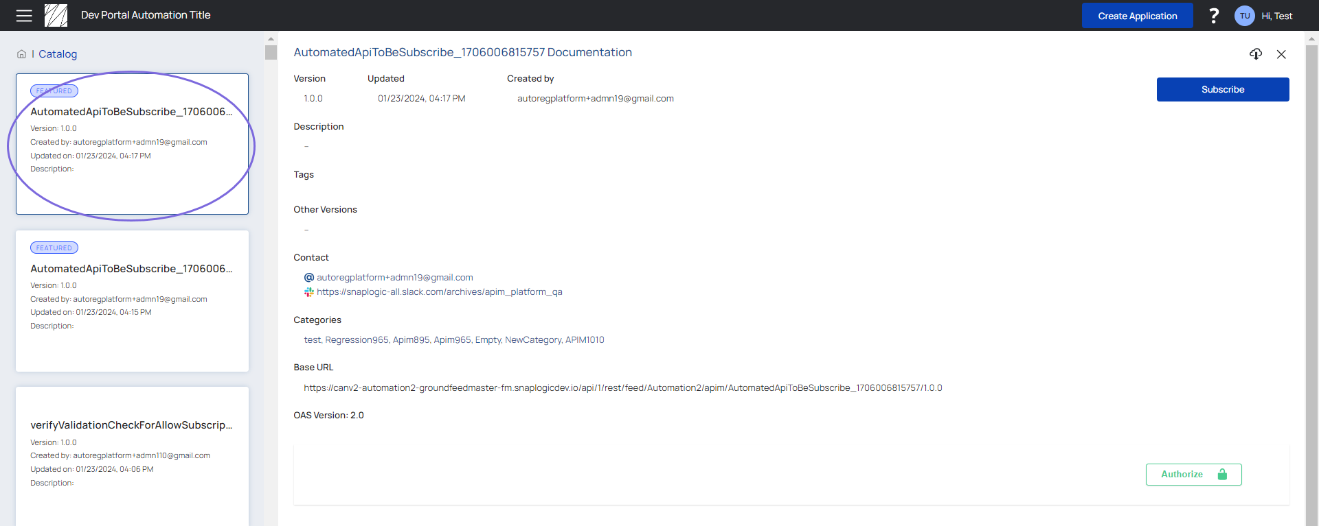 API category side pane documentation view