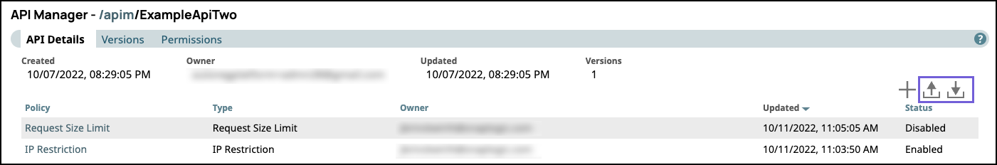 Import and export controls in API Details