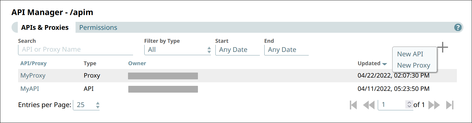 APIs and Proxies tab with add icon dropdown showing New API option