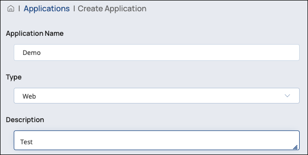 Create Application dialog with fields populated