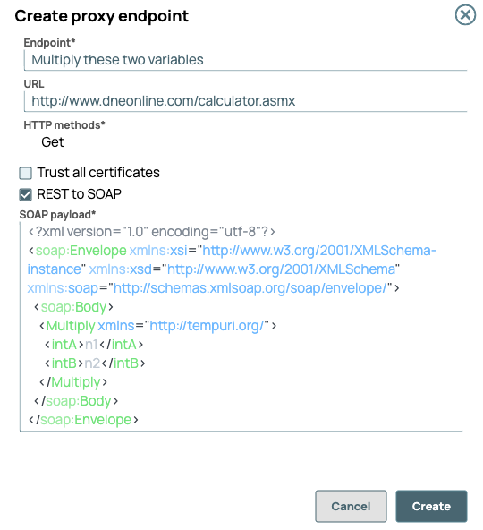 Create Proxy Endpoint dialog with SOAP payload example