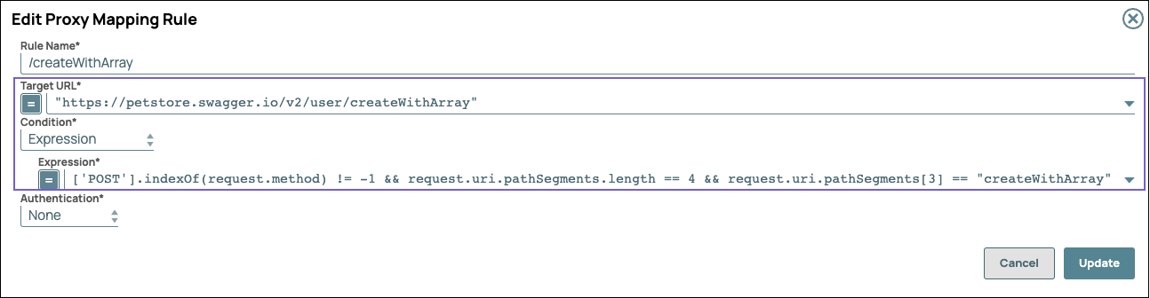 Edit Proxy Mapping Rule dialog showing mapping and expressions