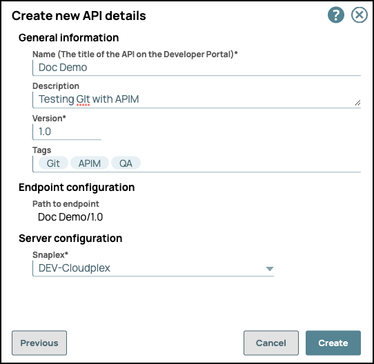 Create New API Details dialog for Git-based API