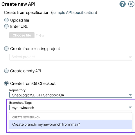 Option to create a new branch from Git repository
