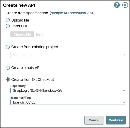 Create from Git Checkout option with repository selection