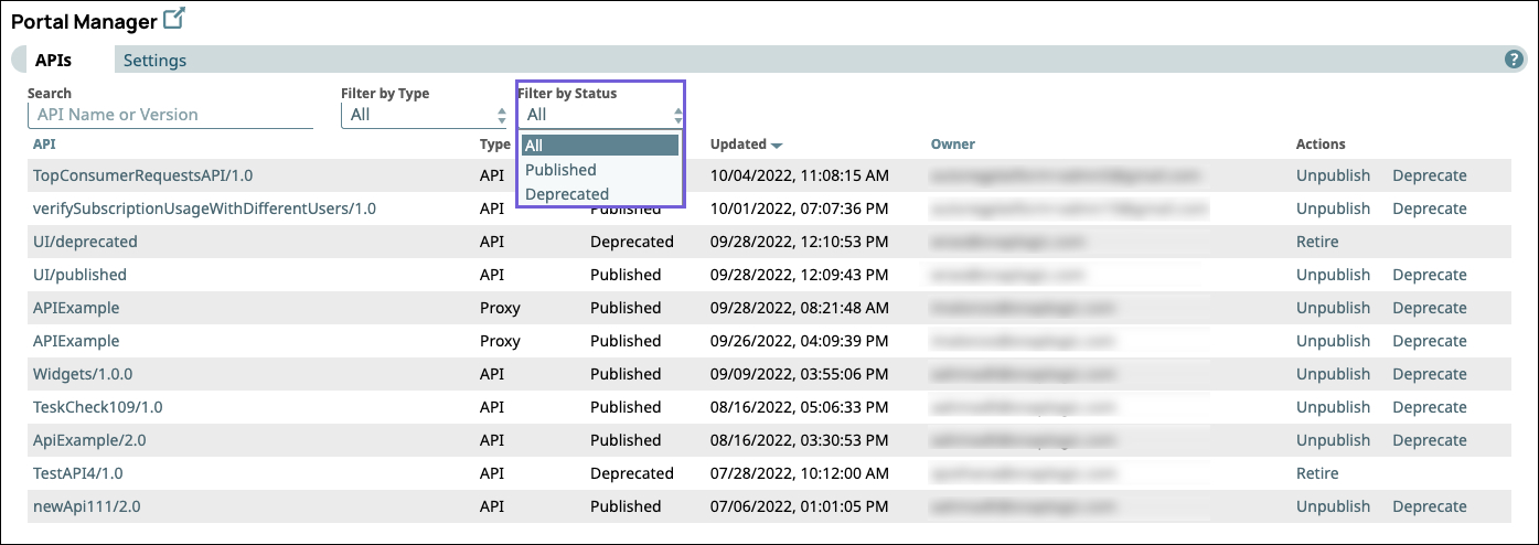 Portal Manager filter by status