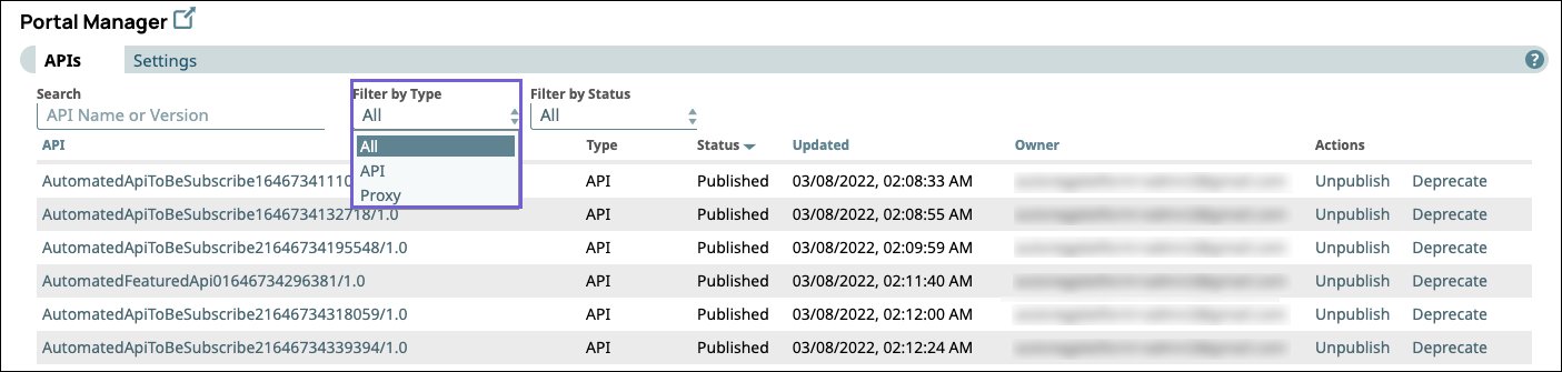 Portal Manager filter by type