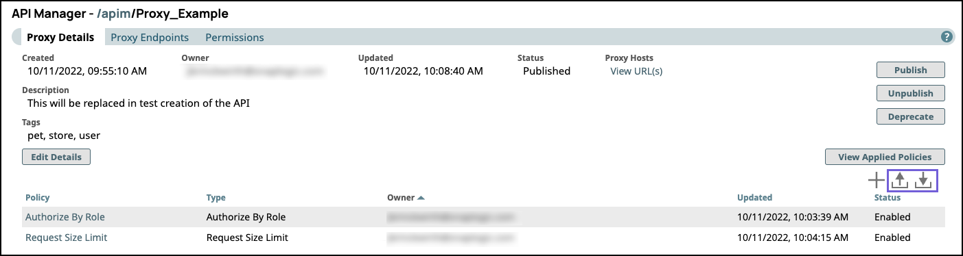 Import and export controls in Proxy Details