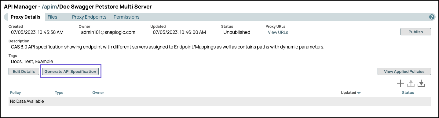 Generate API Specification button in Proxy Details