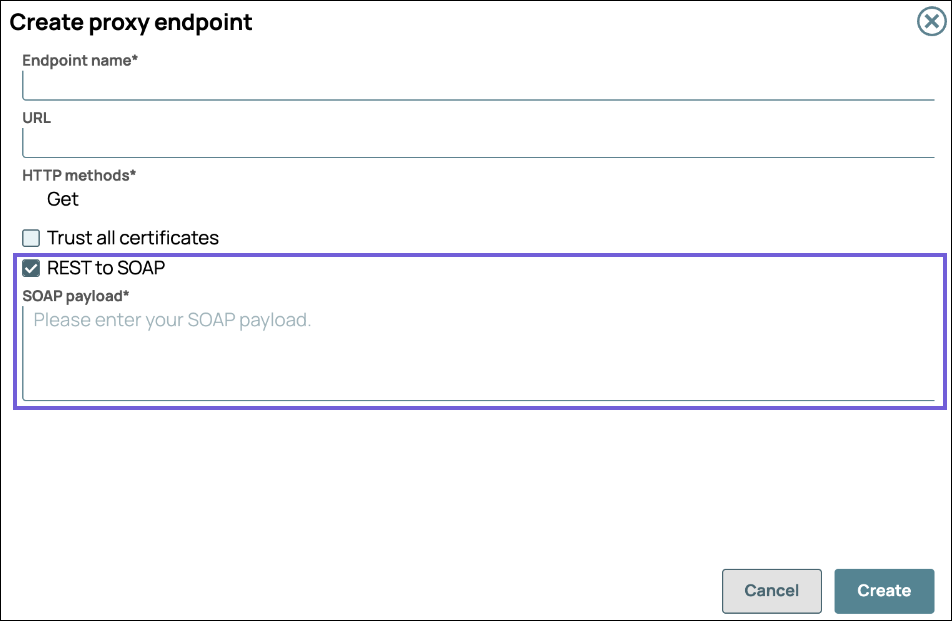 SOAP payload field in Create Proxy Endpoint dialog