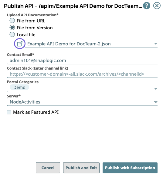 Publish API dialog with edit specification icon