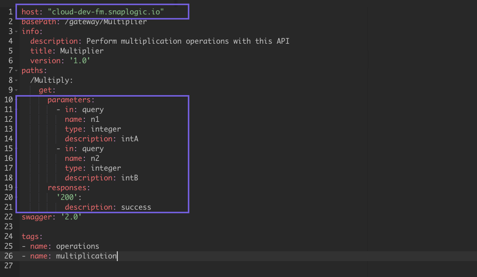 Swagger specification editor with host and parameters fields