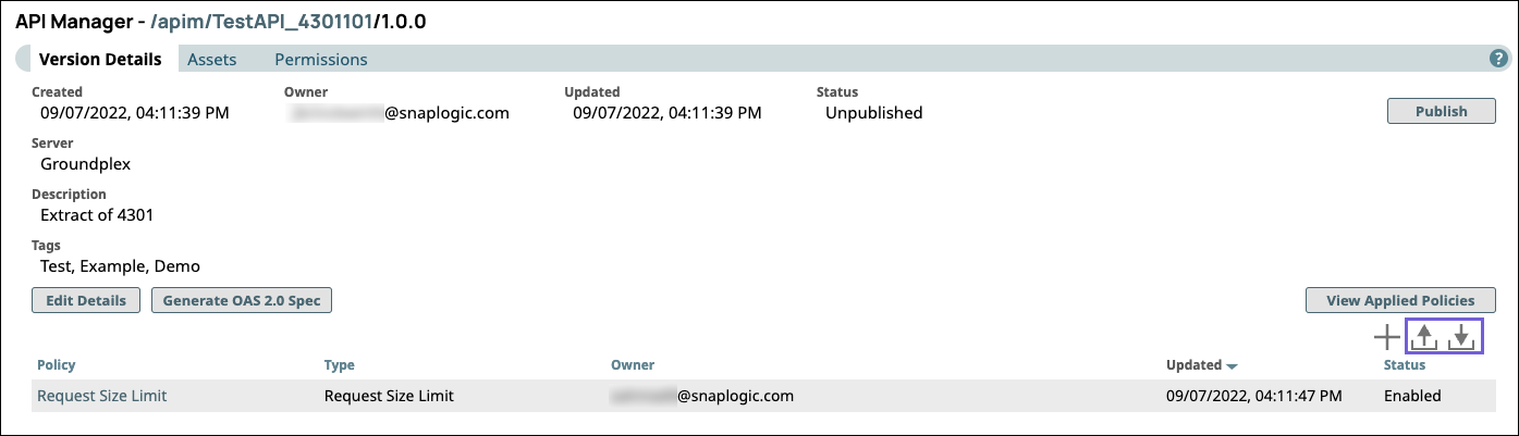 Import and export controls in Version Details