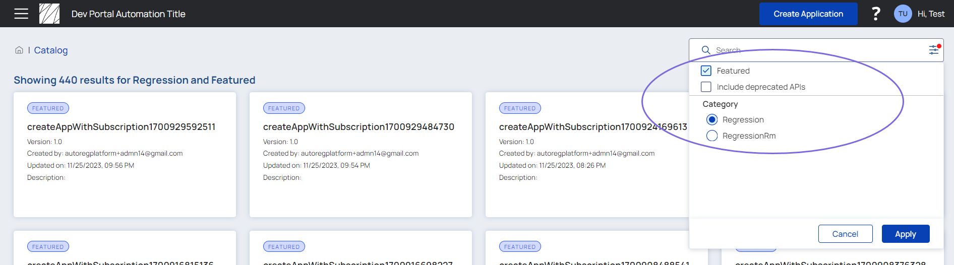 Category selection in the API Catalog