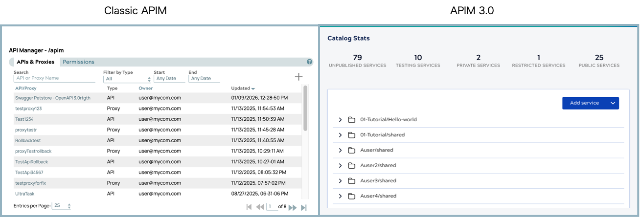 Classic APIM API Manager and APIM 3.0 Service catalog side by side
