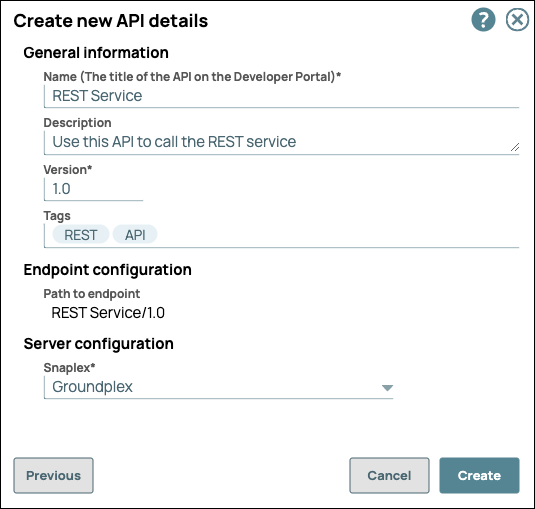Create New API Details dialog for API created from IIP