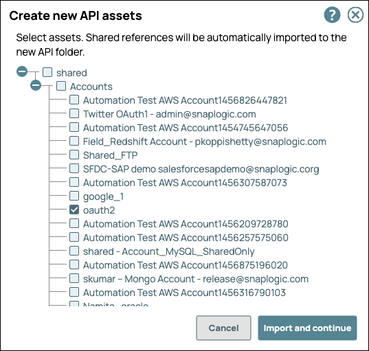 Select target assets to import for the new API