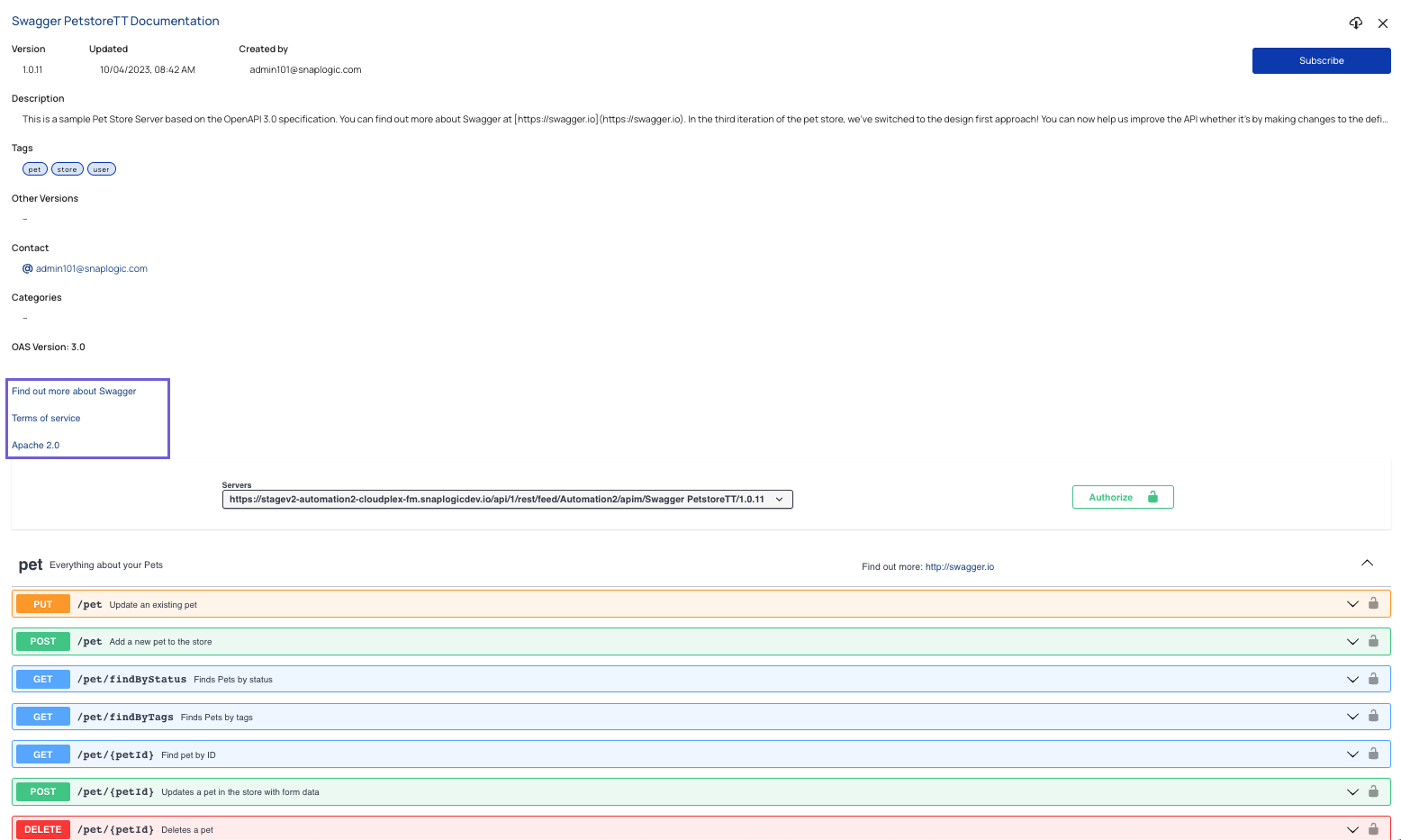 Developer Portal API details view