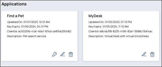 Applications page showing subscription status icons