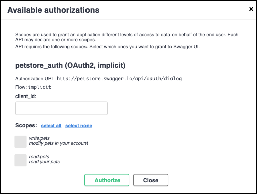 Available authorizations dialog