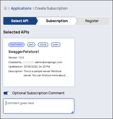 Subscription tab with selected APIs