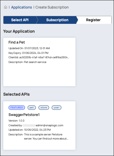 Register tab with application and subscription summary
