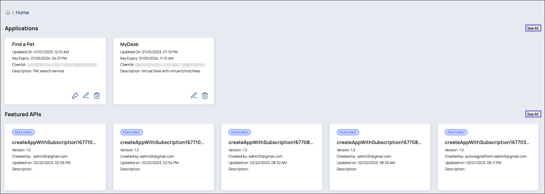Developer Portal home page with See All links