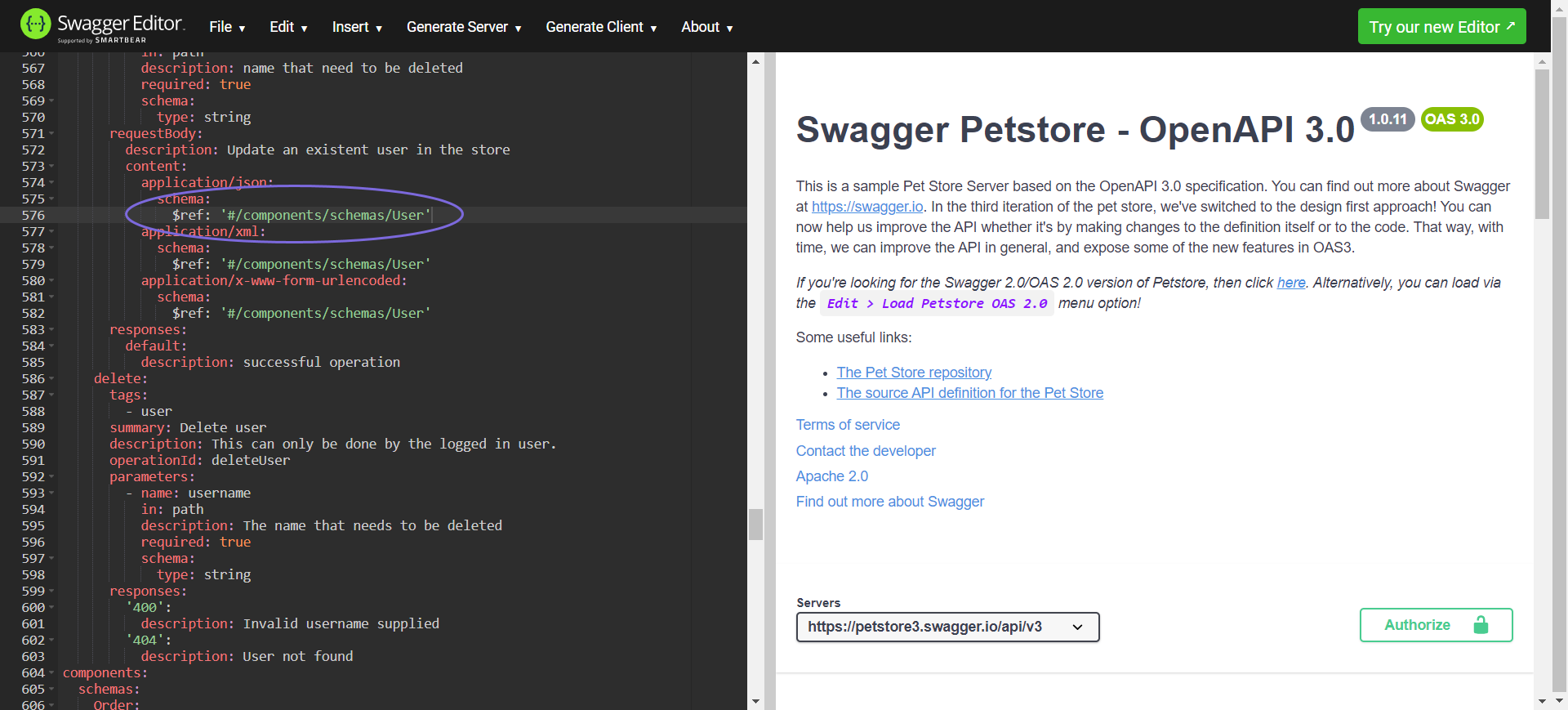 Editing the API specification in Swagger editor