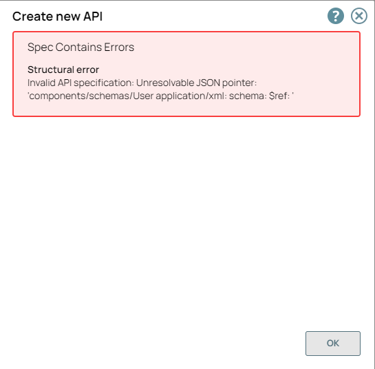 Error message displayed for incorrect data in API specification file