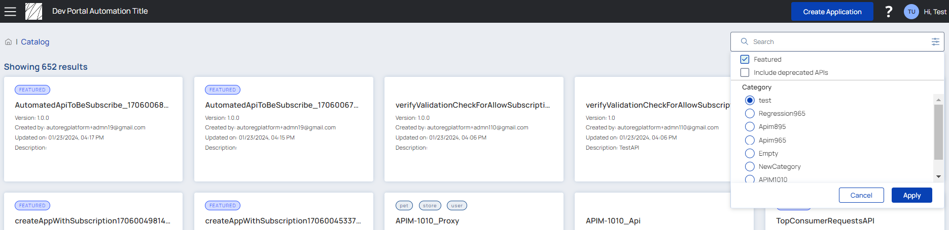 Filter selection for API category in side pane documentation