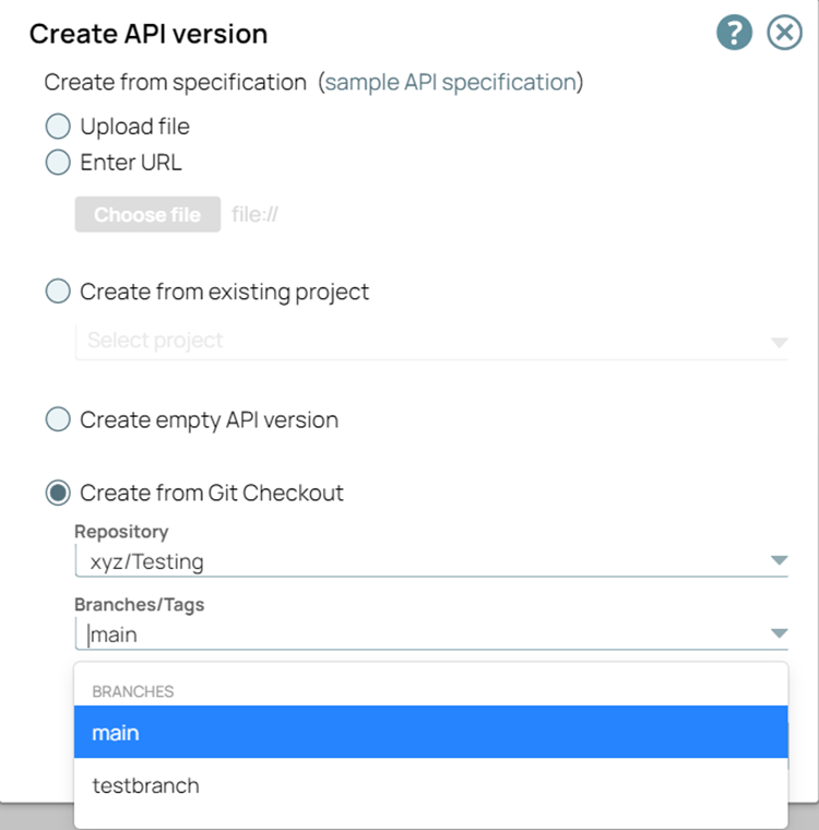 Git repository and branch selection