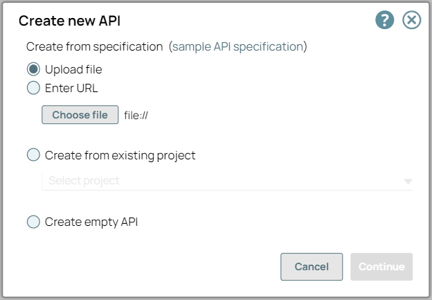 Upload File option in Create New API dialog