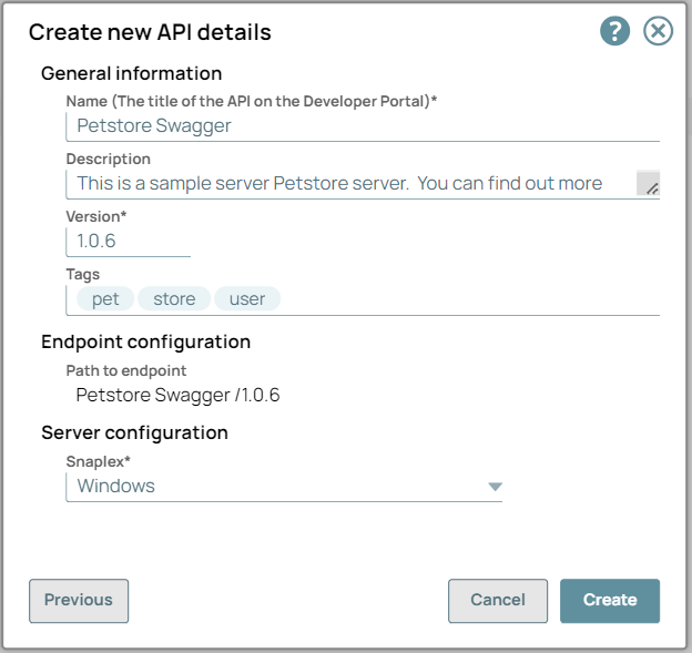 Create New API Details dialog with General Info, Endpoint Configuration, and Server Configuration