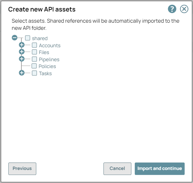 Select Assets dialog for choosing asset types to import