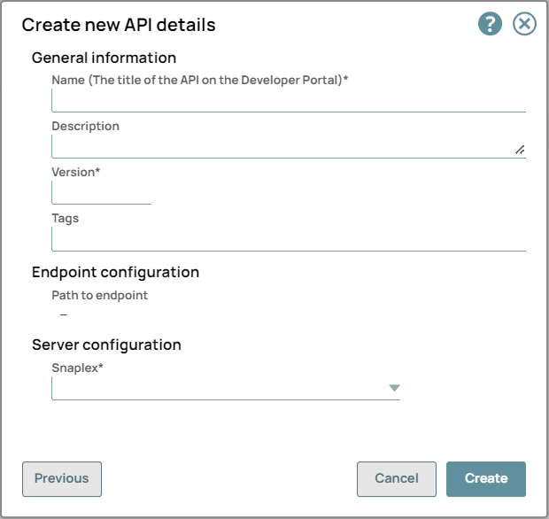 Create New API Details dialog for API created from existing project