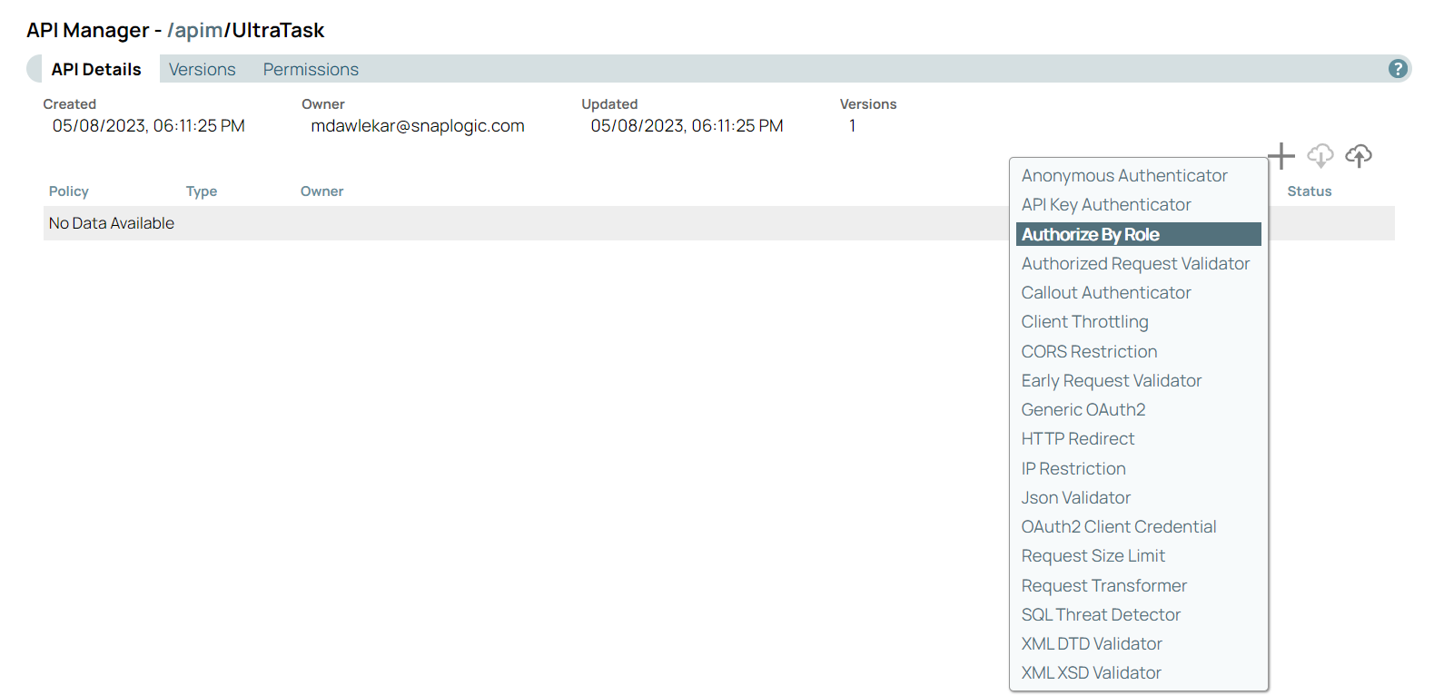 API Details page with policy list