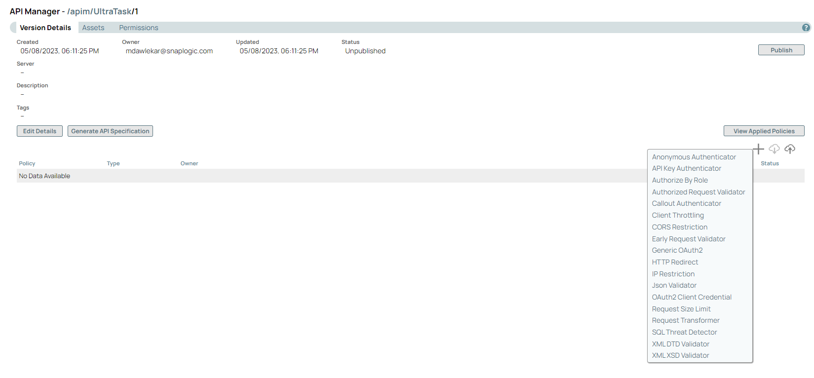Version Details page with policy list